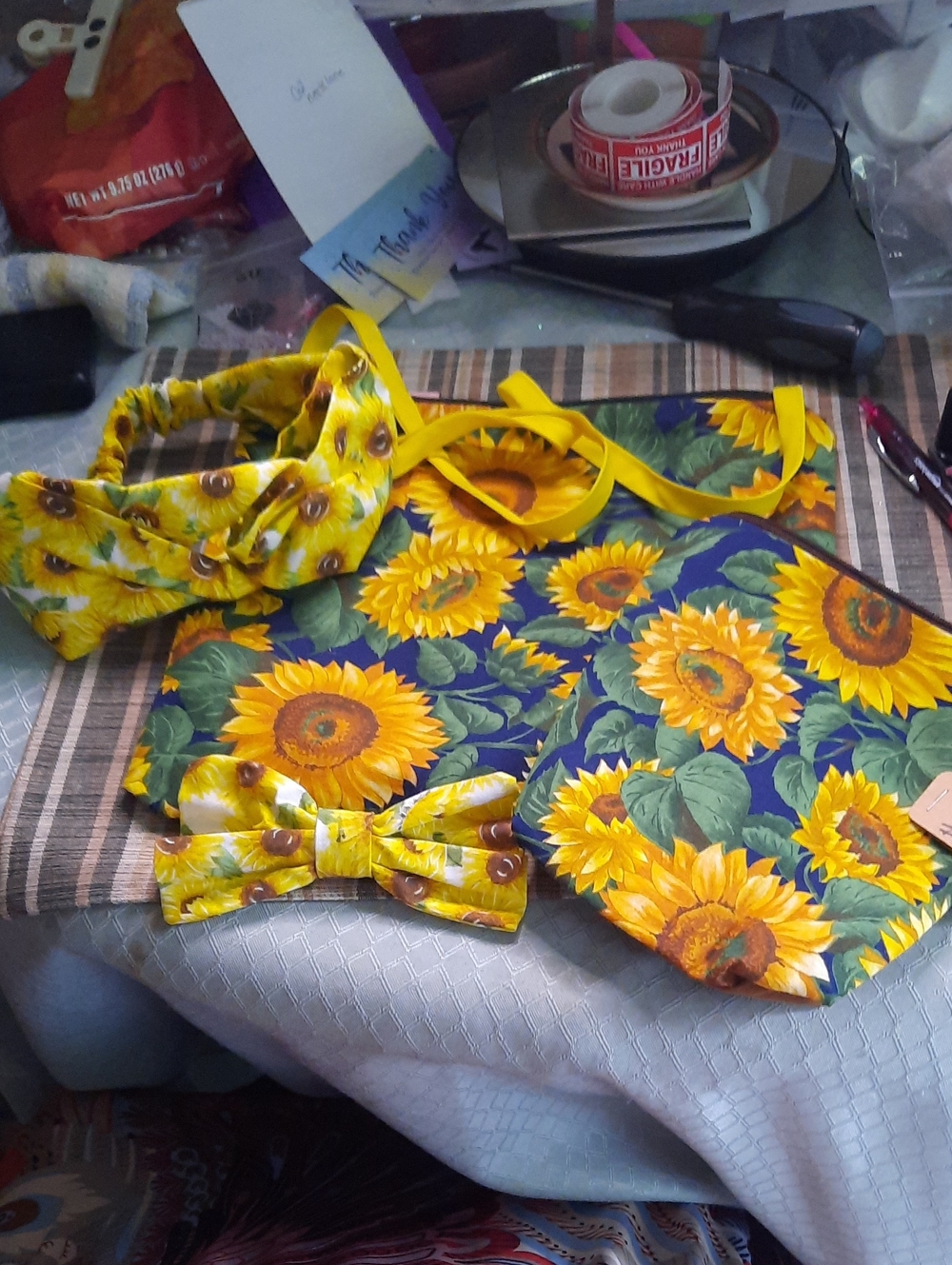 Handmade Sunflower Print Headband,Bow,Shoulder Bag, and Wristlet- Yellow Floral